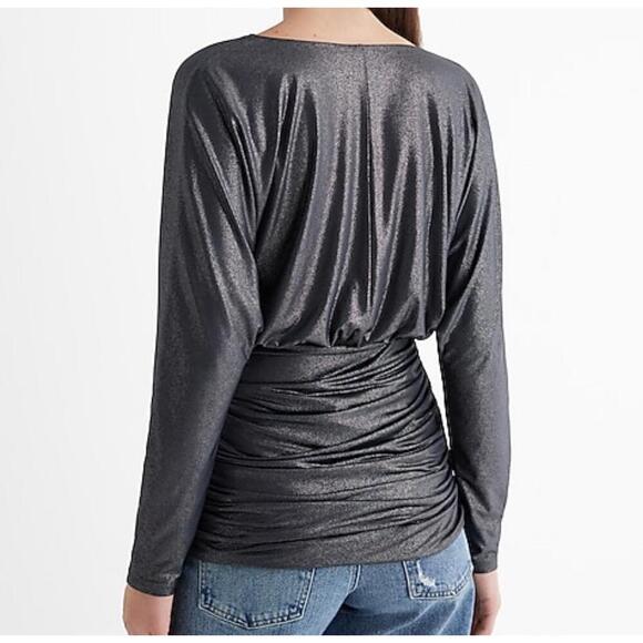 NWT Metallic Surplice Blouse Long Sleeves Wrap Design Side Tie - Picture 3 of 4